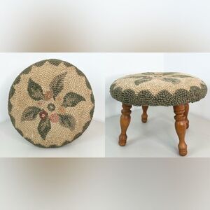 VTG Hooked Rug Floral Round Footstool Wood Legs Country Cottagecore